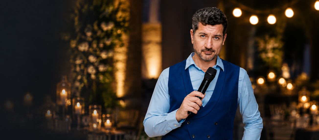 Bennum speaking at an evening event